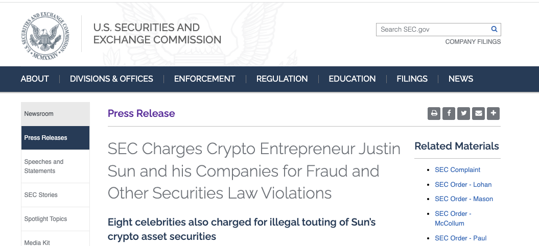 孙宇晨被美国证券交易委员会起诉，涉嫌非法销售证券、欺诈和操控市场