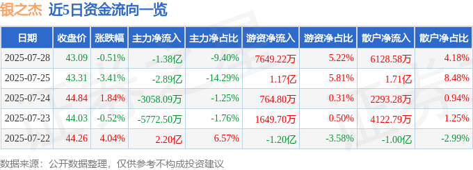 股票行情快报：银之杰（300085）7月28日主力资金净卖出1.38亿元