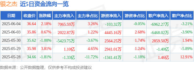 股票行情快报：银之杰（300085）6月4日主力资金净买入7065.59万元