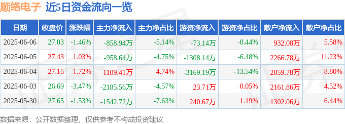 股票行情快报：顺络电子（002138）6月6日主力资金净卖出858.94万元
