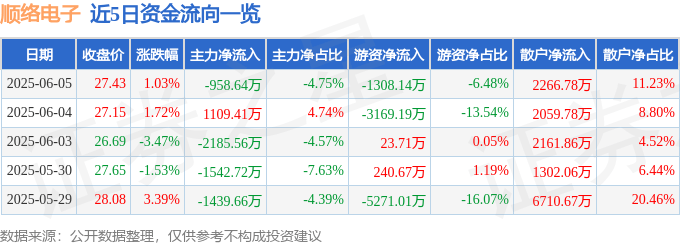 股票行情快报：顺络电子（002138）6月5日主力资金净卖出958.64万元