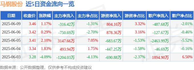 股票行情快报：马钢股份（600808）6月9日主力资金净卖出316.42万元